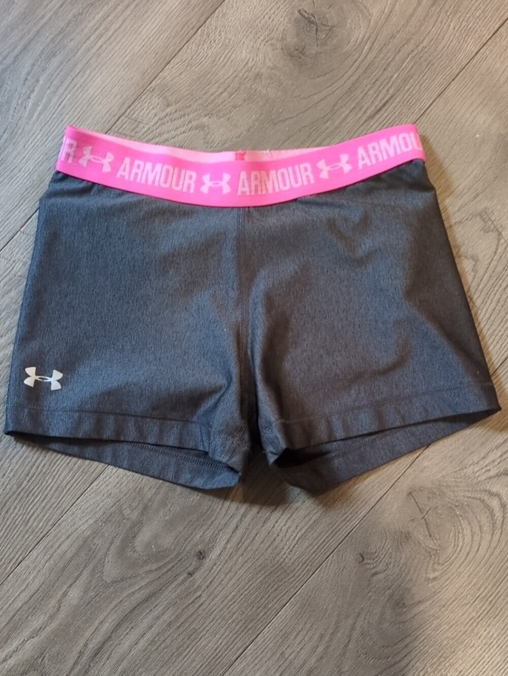 Under Armour Women's Gray Athletic Shorts with Pink Branded Waistband